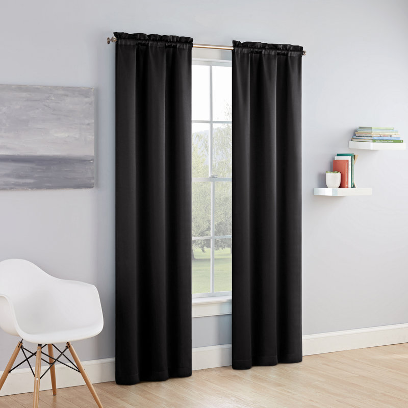 Tricia Solid Curtain Panel Pair, Room Darkening Rod Pocket Curtain Thermapanel, 26" W x 84" L, Black