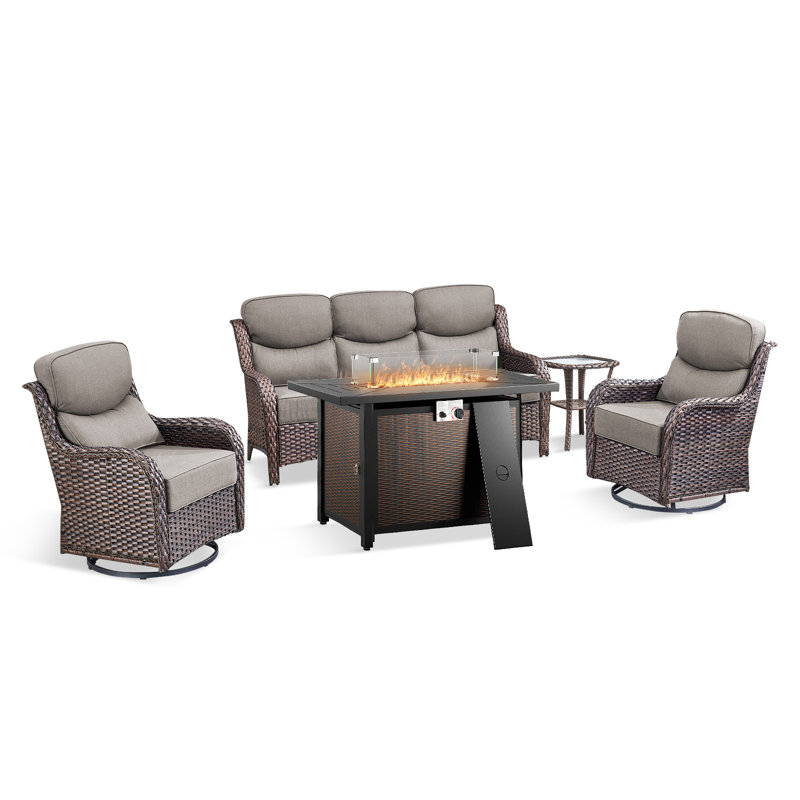 Prunier 5-Piece All-Weather Wicker Patio Rectangle Metal Fire Pit Table Conversation Set With Swivel Gliders, Sofa And Side Table For Outdoor