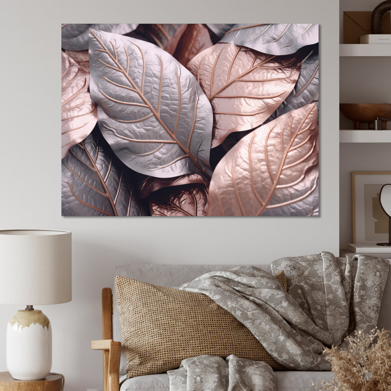 «Gold Pink Leafs Harmony I» sur toile, H 12 po x l 20 po x P 1 po, Toile tendue