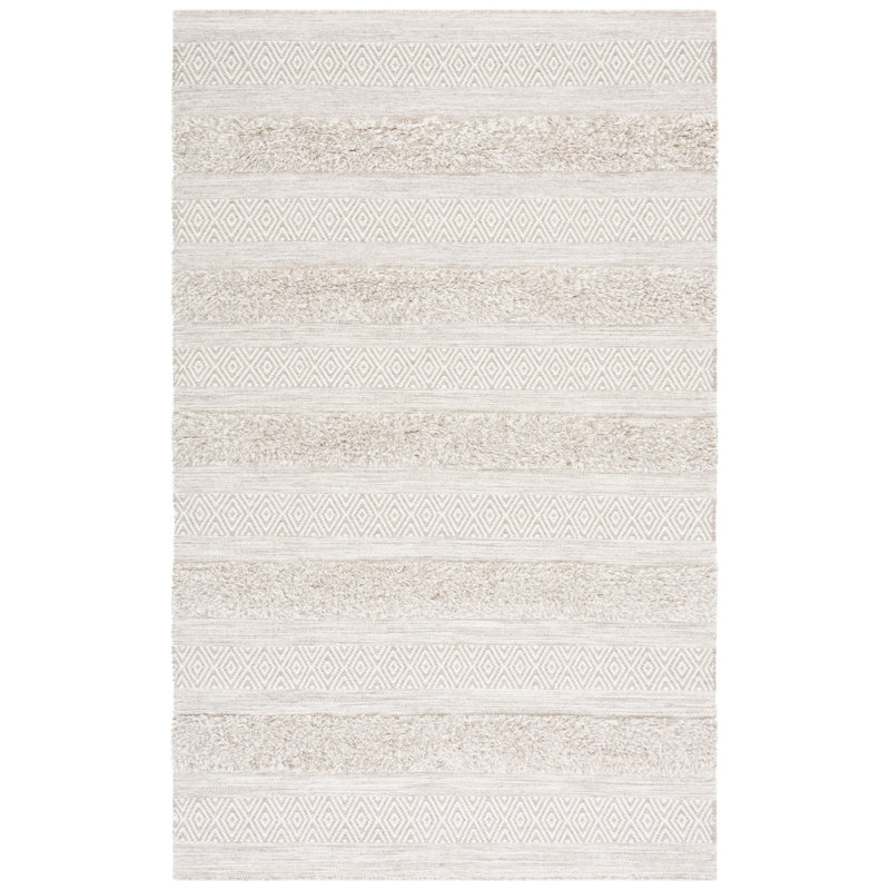 Vermont Hand Woven Wool/Cotton Striped Rug in Beige/Gray, Rectangle 3' x 5'
