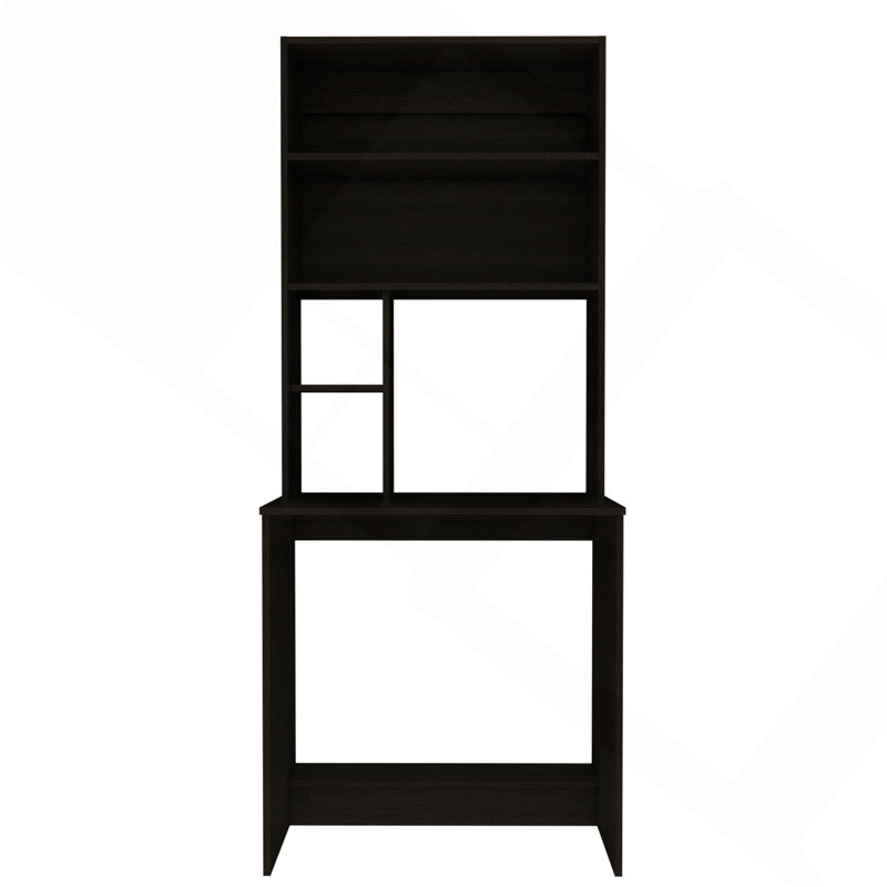 Hutch Desk with 4 Storage Shelves, Modern Writing Desk with Open Shelves and One Lower Shelf, Home Office Computer Desk, Black