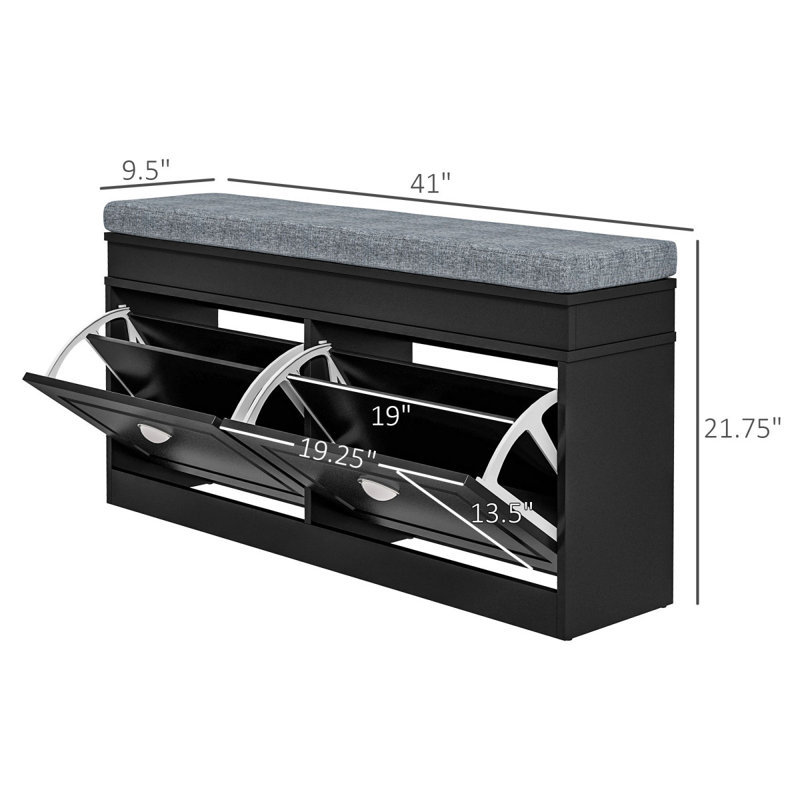 Modern Shoe Rack Bench Storage Organizer With Cushion 2 Drawers Adjustable Shelf Holds 8 Pairs, Black