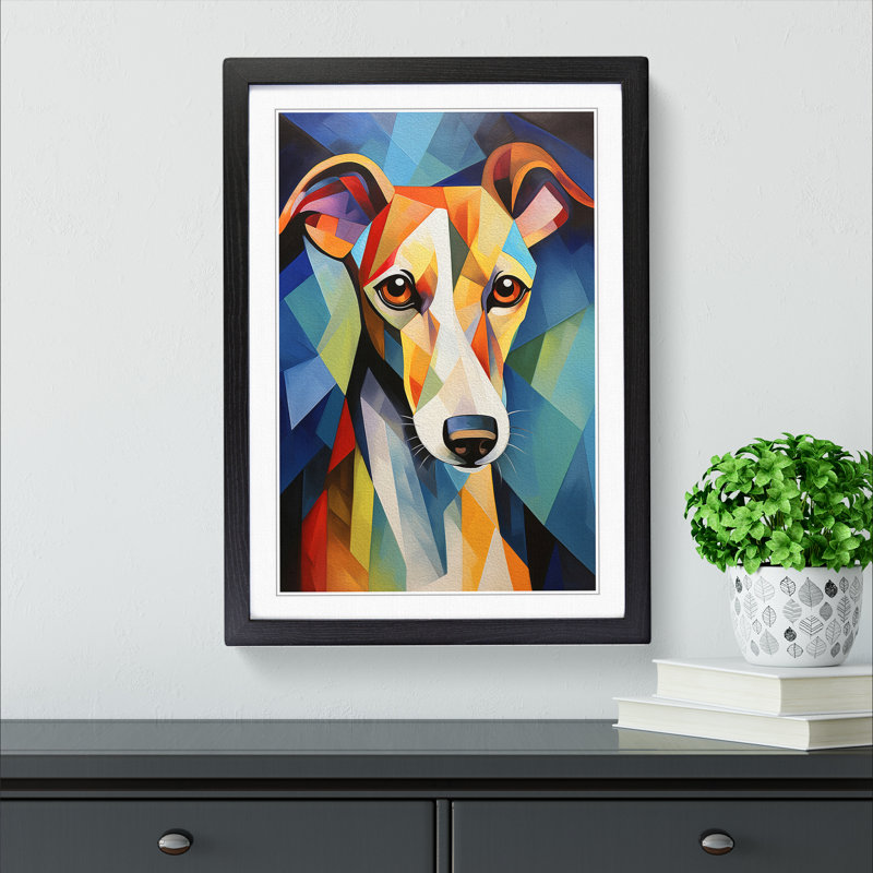 XYZ-FRM-V1223-1677 Whippet Cubism - Single Picture Frame Print on Wood, 46cm H x 34cm W x 2cm D, Black 