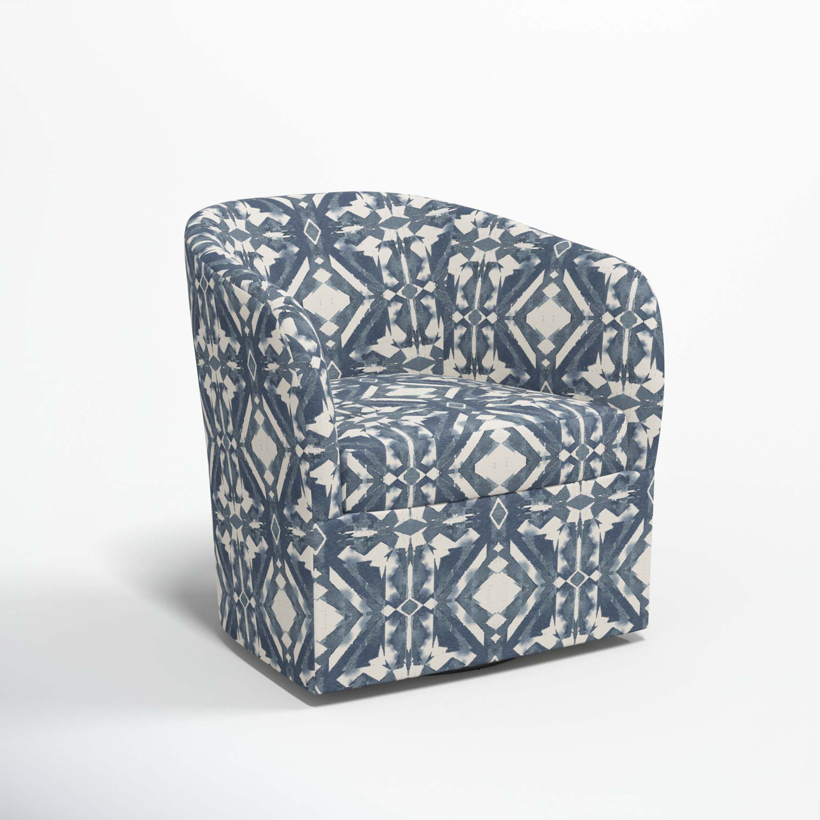 Lesia Upholstered Swivel Barrel Chair, Asha Blue Ikat