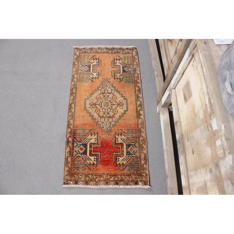 Vintage Turkish Rug In Orange And Red Tribal Design Handwoven Wool Ideal For Stylish Door Mat
