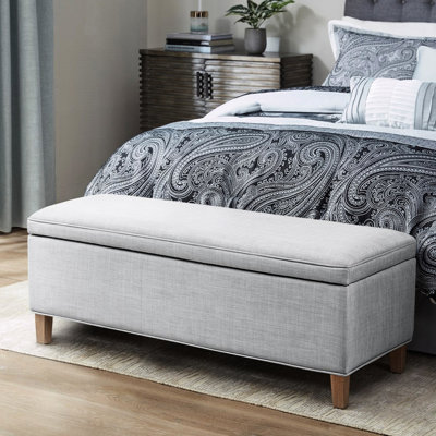 Rectangular Bench With Ample Storage And Grey Upholstery On Solid Wood Legs In Support