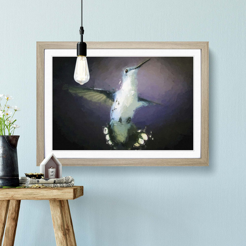 Hummingbird Bird in Flight in Abstract - Picture Frame Painting Print, 36cm H x 48cm W x 2cm D, Oak Framed