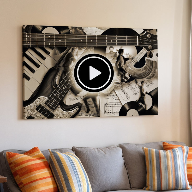 Toile, collage dynamique d'éléments musicaux avec gros plan d'une guitare basse avec des cordes complexes et des frettes superposées