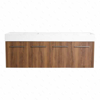 Meuble-lavabo mural 60 po avec lavabo, lavabo en résine épaisse à double rebord, ensemble KD
