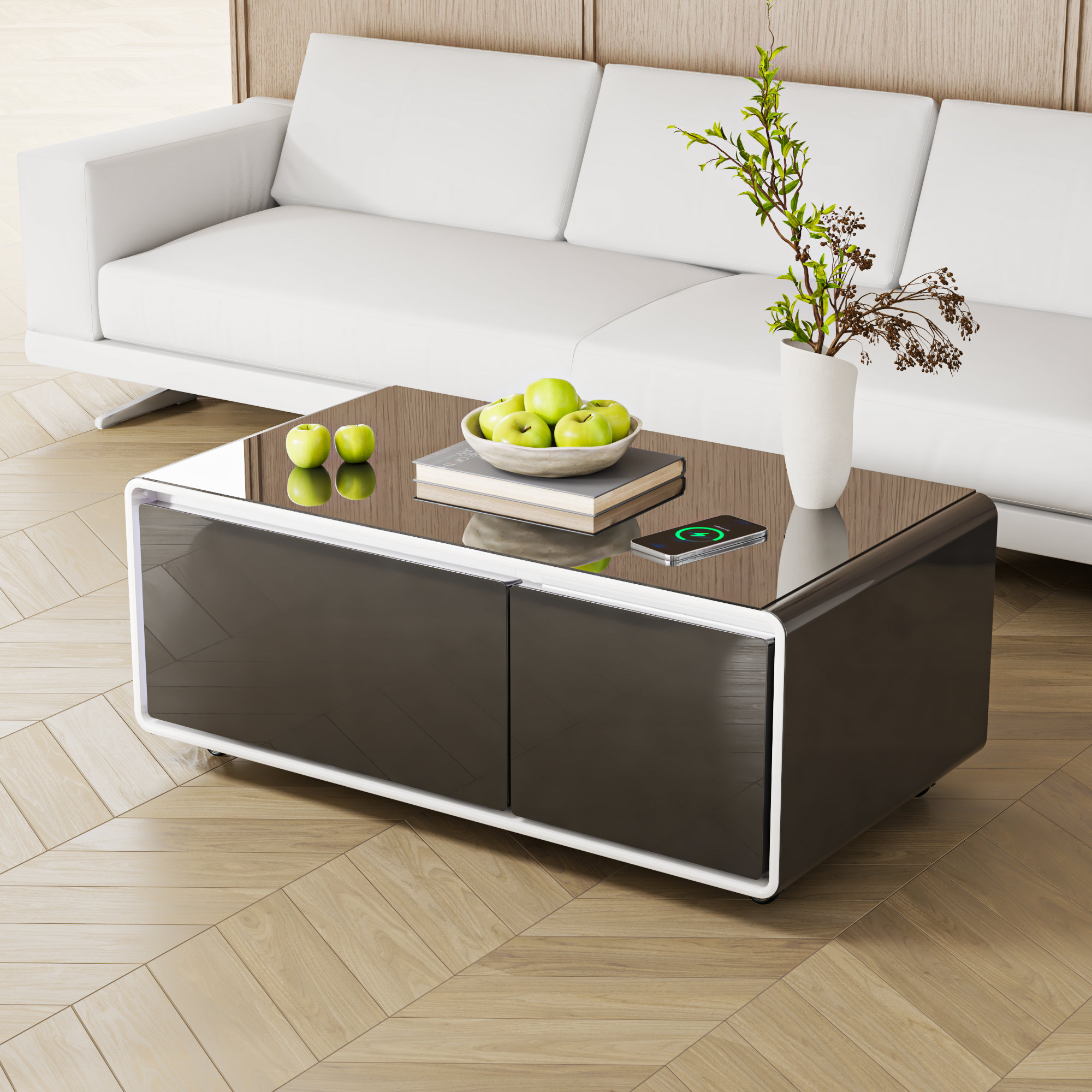 Brayden Studio Cullyn 93L Fridge Coffee Table Smart Cocktail Tables with Wireless Charging, 2 ...