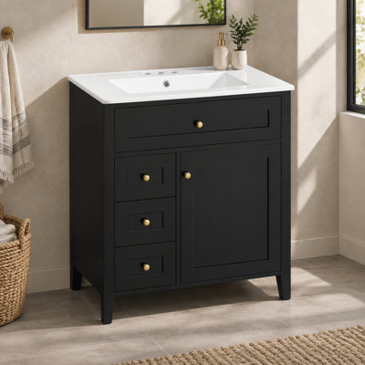 Meuble-lavabo noir autoportant de 76,5 cm (30,15 pouces) avec lavabo, meuble de salle de bain en MDF et bois d'hévéa avec 3 tiroirs et tablette réglable