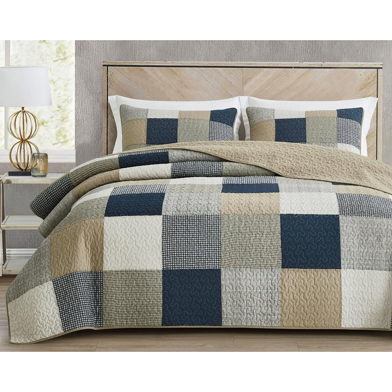 Samuel Pre-Washed Navy Gray Taupe Patchwork Cotton Quilt Set, King Quilt + 2 King Shams