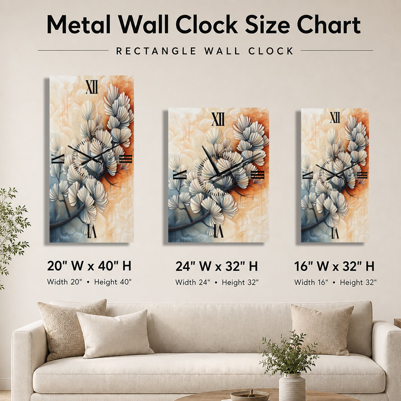 Horloge murale en métal Japandi - Branche de pin en Sumi-E I, H 32 po x l 24 po - Rectangle