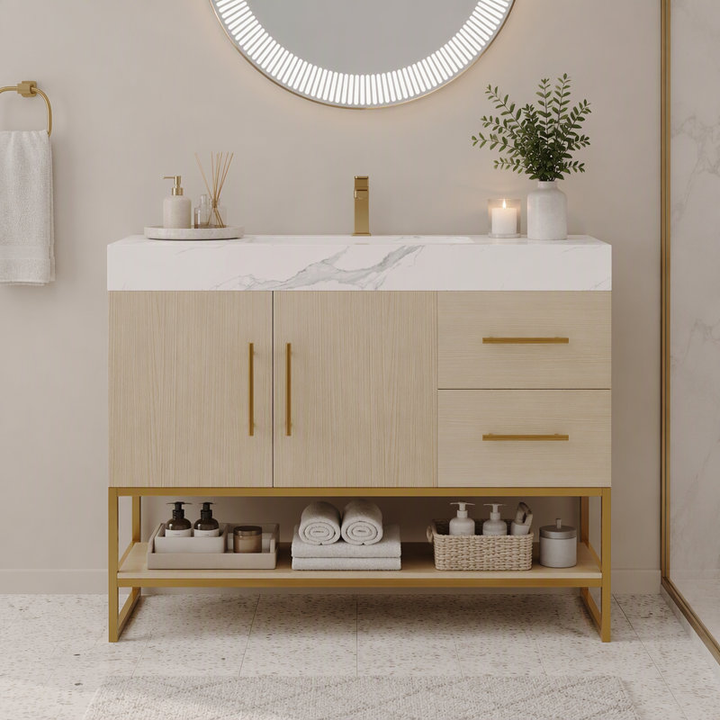 Freestanding Standard Free Standing Single Double Single Vanity Bathroom Vanity With Stone Top, Gold,Walnut,White