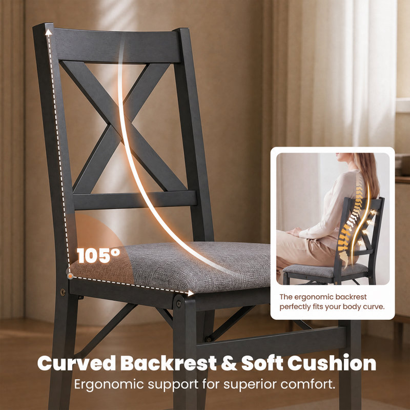 Padded Stackable Folding Dining Chairs with Solid Wood Frame, Dark Gray Frame / Dark Gray Seat