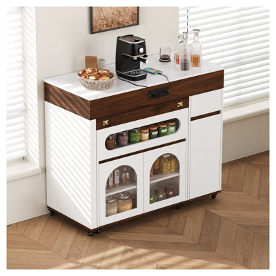 Table pour îlot de cuisine extensible avec plateau pliable, blanc crème et noyer Trefm Trexm