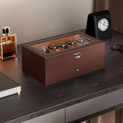 Watch Box 12 Slot Watch Case With Drawer Watch Display Case With Glass Lid 2Layer Watch Holder Organizer