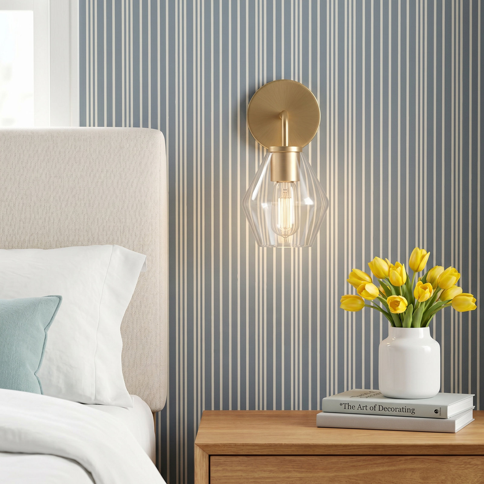 Rooks Single Light Dimmable Armed Sconce, Satin Brass, White