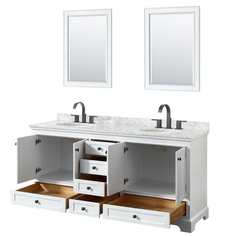 Ensemble de meuble-lavabo double 72 "avec miroir Deborah, Blanc, Doré