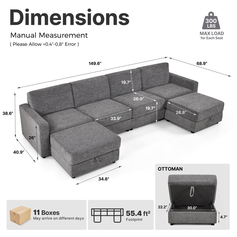 Canapé modulaire surdimensionné à 4 places avec 2 repose-pieds, Gris foncé