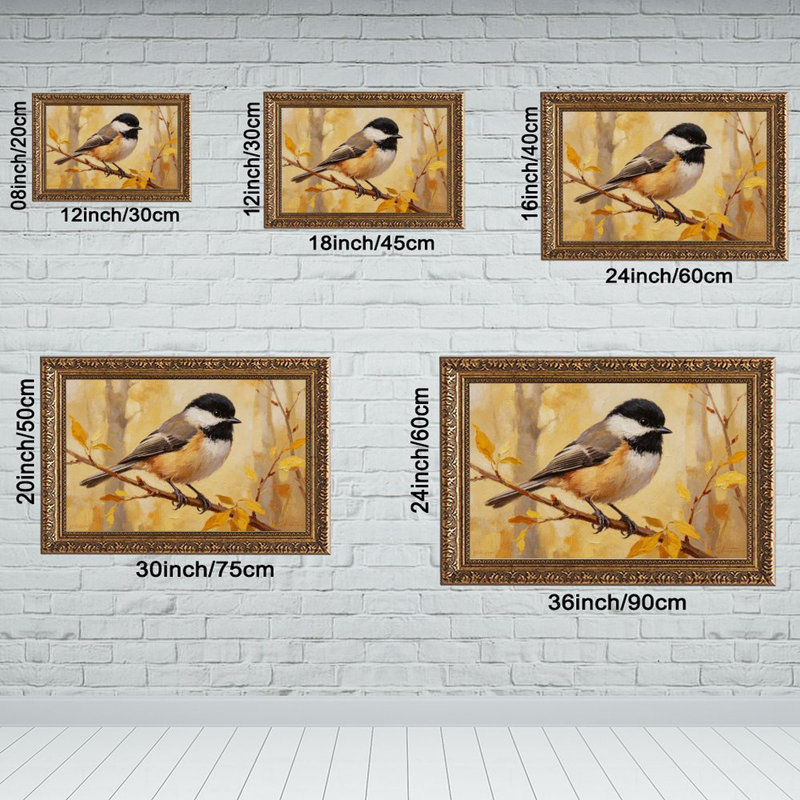 Cadre mural vintage orné d'une mésange perchée – Cadre doré décoratif pour œuvres d'art., L 8 po x l 12 po