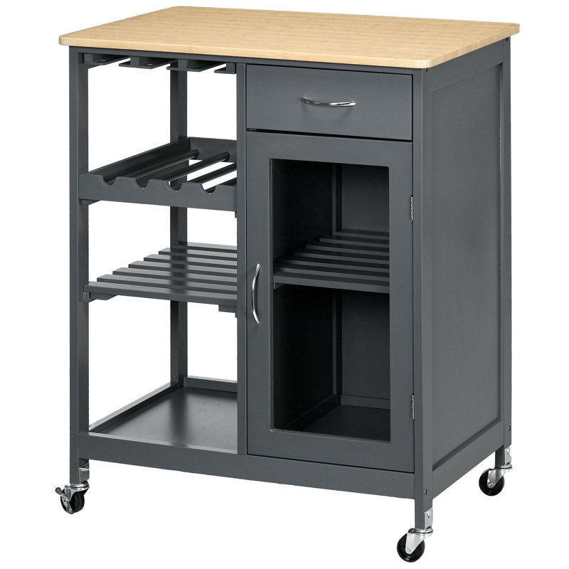 Îlot de cuisine roulant avec rangement, chariot de cuisine avec support à vin pour 4 bouteilles, chariot de bar avec porte-verres à pied, tablettes, tiroir et armoire, gris