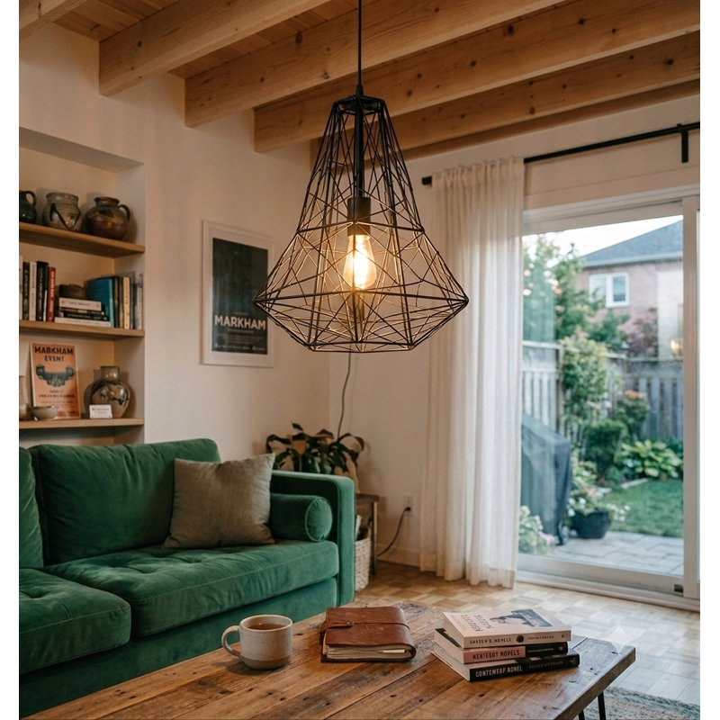 1-Light Black Iron Caged Pendant