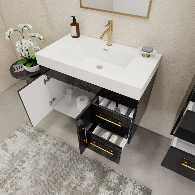 35.4" Wall-Mounted Single Bathroom Vanity Set, Glossy Black