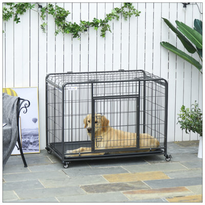 Cage pliante robuste pour chien en métal avec plateau amovible, couvercle et 4 roulettes verrouillables pour une utilisation intérieure / extérieure