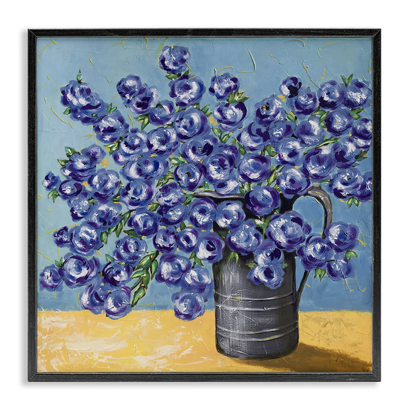 Fleurs bleues rondes dans l'art de l'estampe numérique, conception de Jade Reynolds, Giclée encadrée noir minuit
