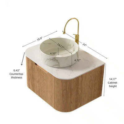 Meuble-lavabo de 24 po avec lavabo, meuble de rangement rayé à bords arrondis avec tiroir, lavabo rond en céramique mat et plateau en pierre frittée Carrara, pré-assemblé
