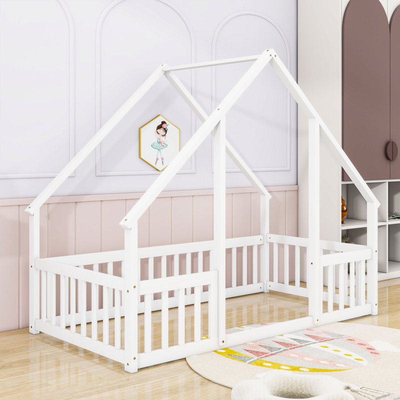 Lit de plancher en bois en forme de maison avec construction et garde-corps, Simple, Blanc