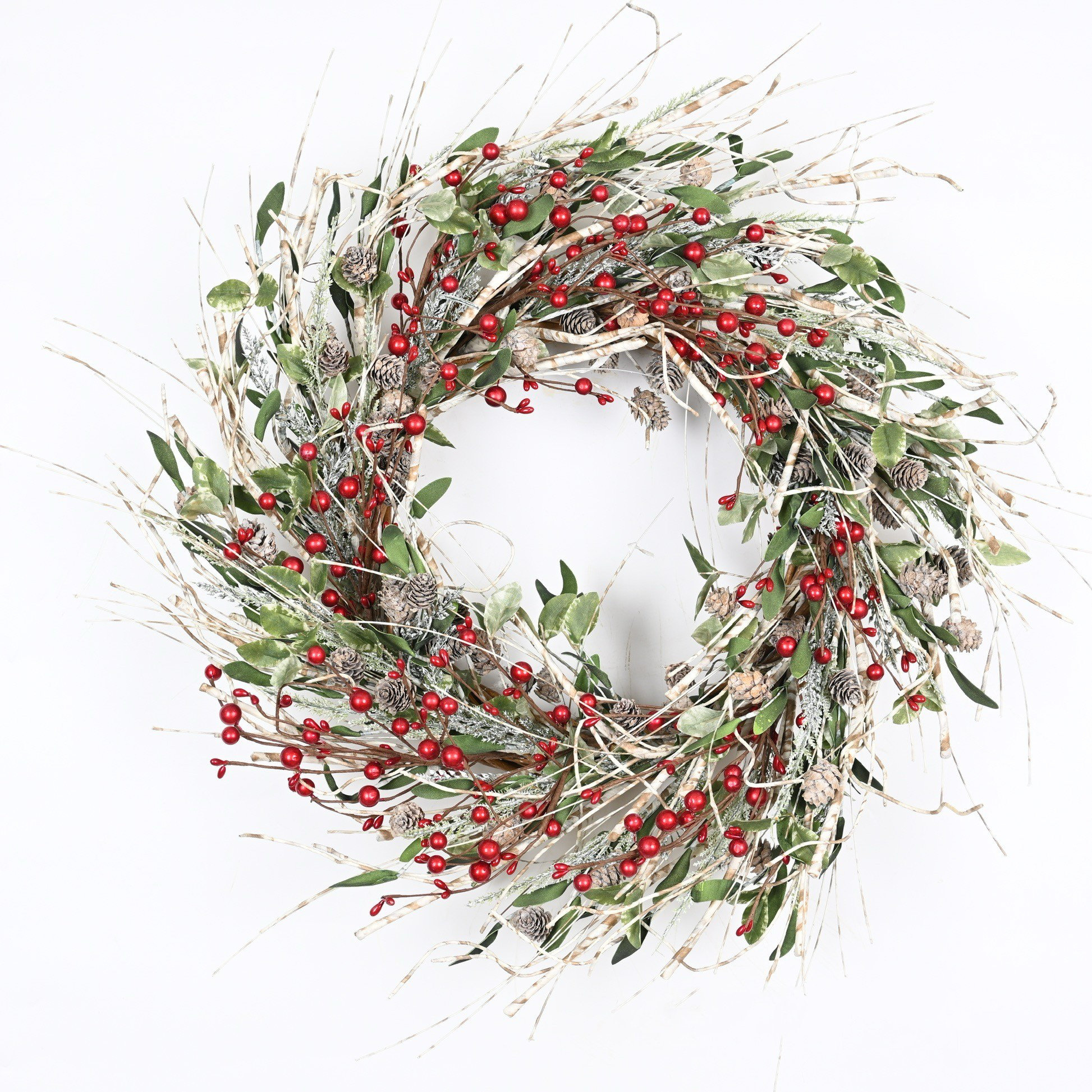 The Holiday Aisle® 24" Artificial Farmhouse Leafage Berry Birch Pinecone Christmas Day Winter Wreath For Front Door & Reviews | Wayfair