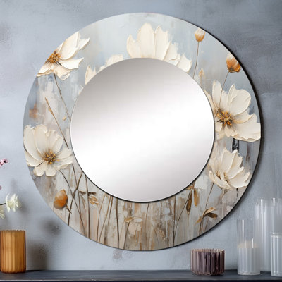White Buttercups On Beige Simplicity - Buttercups Round Mirror Wall Decor_MTMIR107588