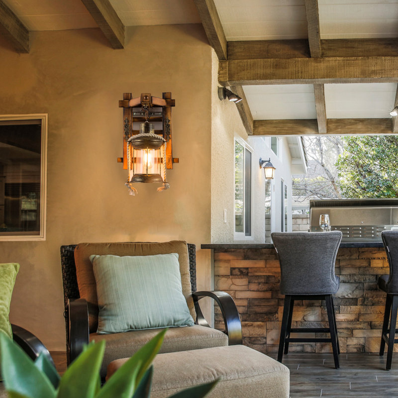 American Farmhouse Style Glass Wall Sconce  With Retro Rustic Wooden Plate
