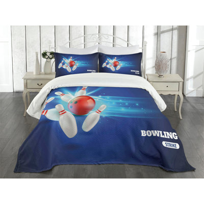 Ambesonne Bowling Bedspread Set Strike Red Ball Pins Red Aqua Blue -  bed_38154_king