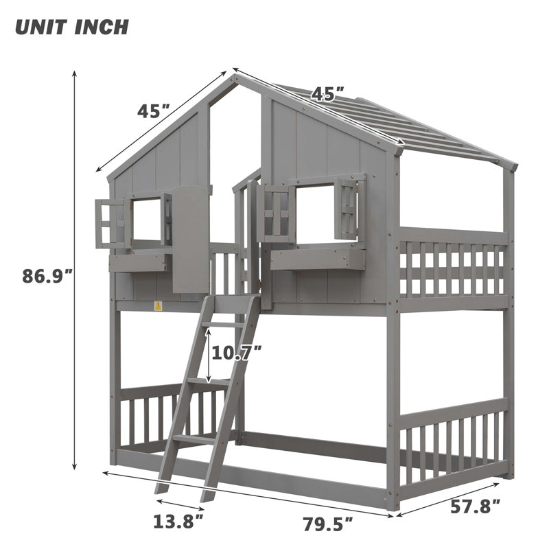Twin Over Twin House Bunk Bed With Roof and Window, Gray