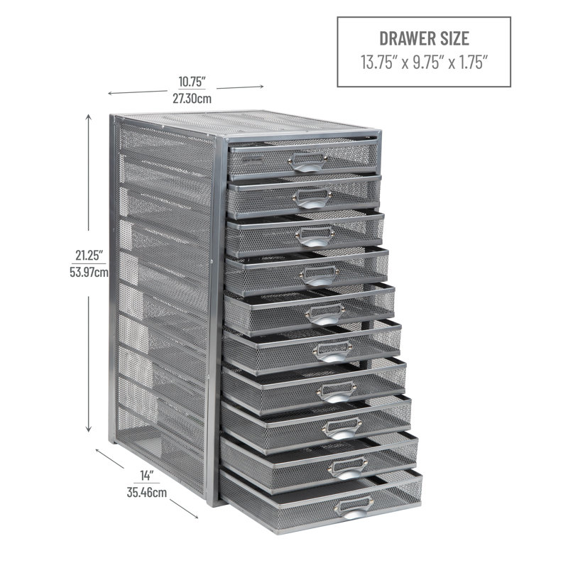 Sleek Silver Metal Mesh 10-Drawer Desktop Organizer Cabinet