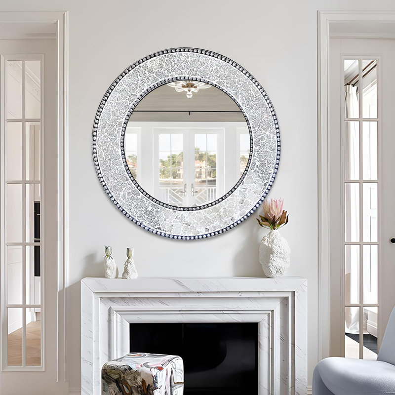 Artisan Silver Mosaic 24'' Round Wood & Glass Wall Mirror