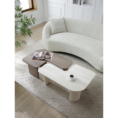 Table basse modulaire moderne de 2 pièces, tables de combinaison avec peinture multicouche, côté kaki et blanc pour le canapé, appartement de salon central polyvalent, pieds améliorés et courbés, coffre-fort