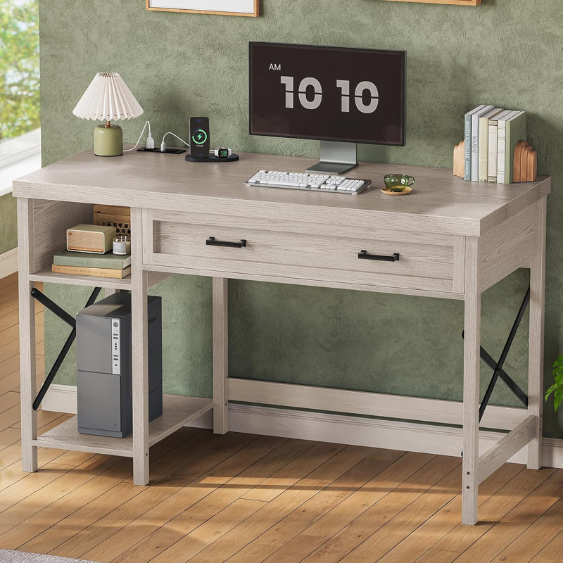 Table d'étude de 40 po, petit bureau d'ordinateur avec tiroir et tablettes de rangement, bureau d'écriture Farmhouse, Gris