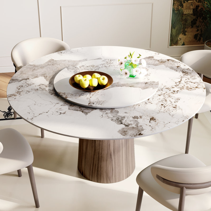 Table de salle à manger 53 "pour 6 personnes avec plateau tournant en pierre frittée + base en bois de noyer foncé, Brown
