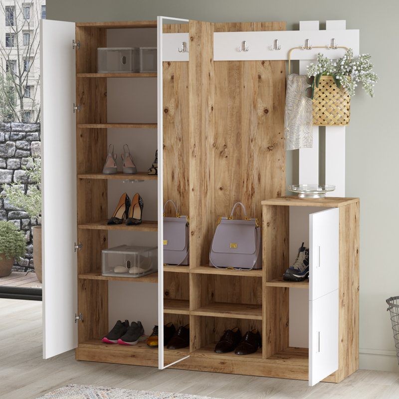 Modern Hall Stand with Atlantic Pine & White Finish, 58.0 x 70.8 x 14.8 inches | 100% Melamine Coated Particle Board, Thickness: 0.7 inches | Stylish Storage Solution for Entryways, Durable & Elegant Design
