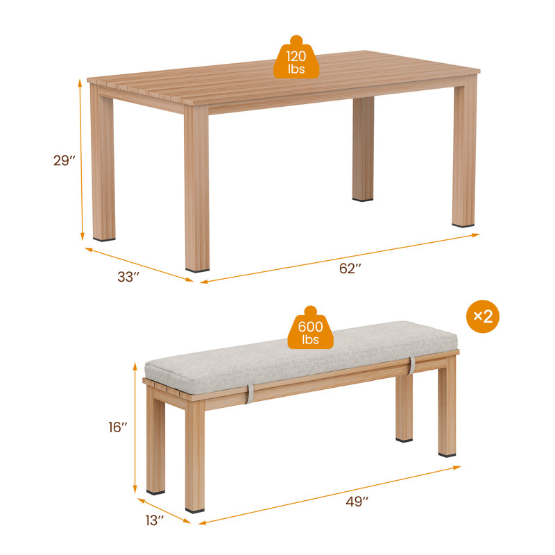 Ensemble repas d'extérieur rectangulaire en aluminium pour 4 personnes avec coussins, Noyer
