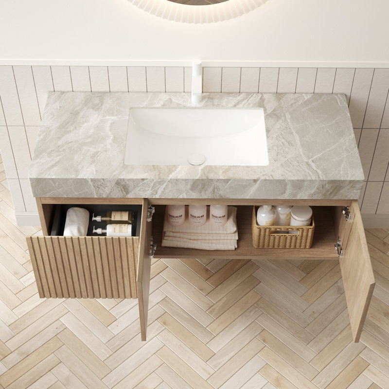 48" Bathroom Vanity with Sink, Floating Plywood Bathroom Storage Cabinet with Drawer and 2 Doors, Light Grey Sintered Stone Countertop with Basin, Pre-assembled,  White Oak Woodgrain Colour