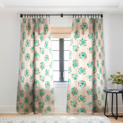 Ninola Design Mint Sweet Roses Bouquets Watercolor 1pc Sheer Window Curtain Panel