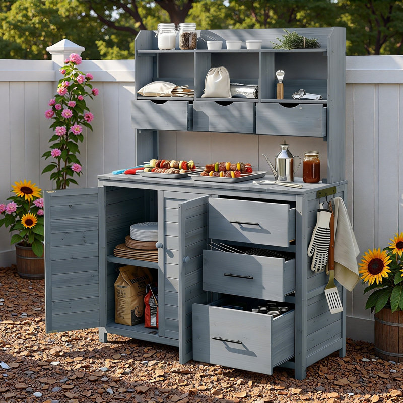 Banc de rempotage avec 6 tiroirs, armoire inférieure, tablettes et crochets latéraux Farmhouse, Gris