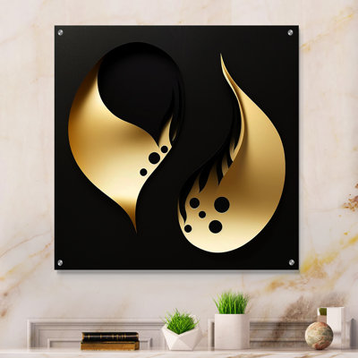 Golden Droplets On Black - Art mural abstrait géométrique en acrylique pour le salon