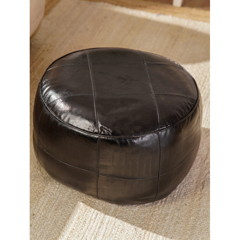 Pouf rond en cuir véritable de 17 po de largeur, Cuir véritable noir, H 12 po x l 21 po x P 21 po, Rond
