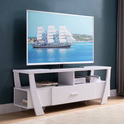 Meuble télé contemporain avec quatre tablettes et un tiroir - blanc, pouvant supporter jusqu'à 100 lb, 2 tablettes, 1 tiroir, tablette latérale, panneau de particules blanc capacité de 100 lb, glissières de longue durée,